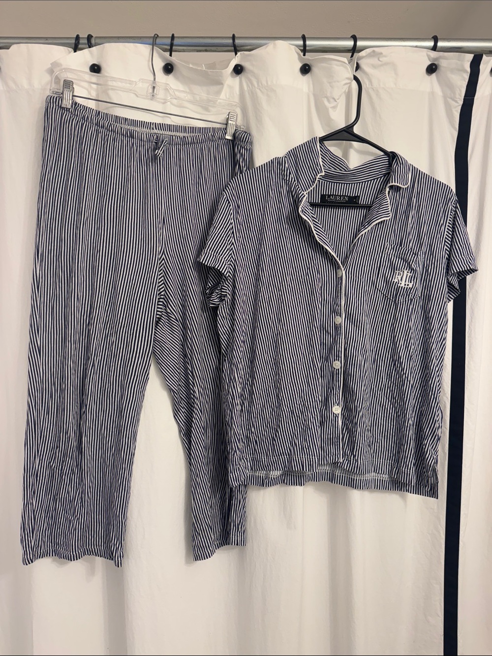 Ralph Lauren two-piece pajama set, navy white, stripe, cotton, medium